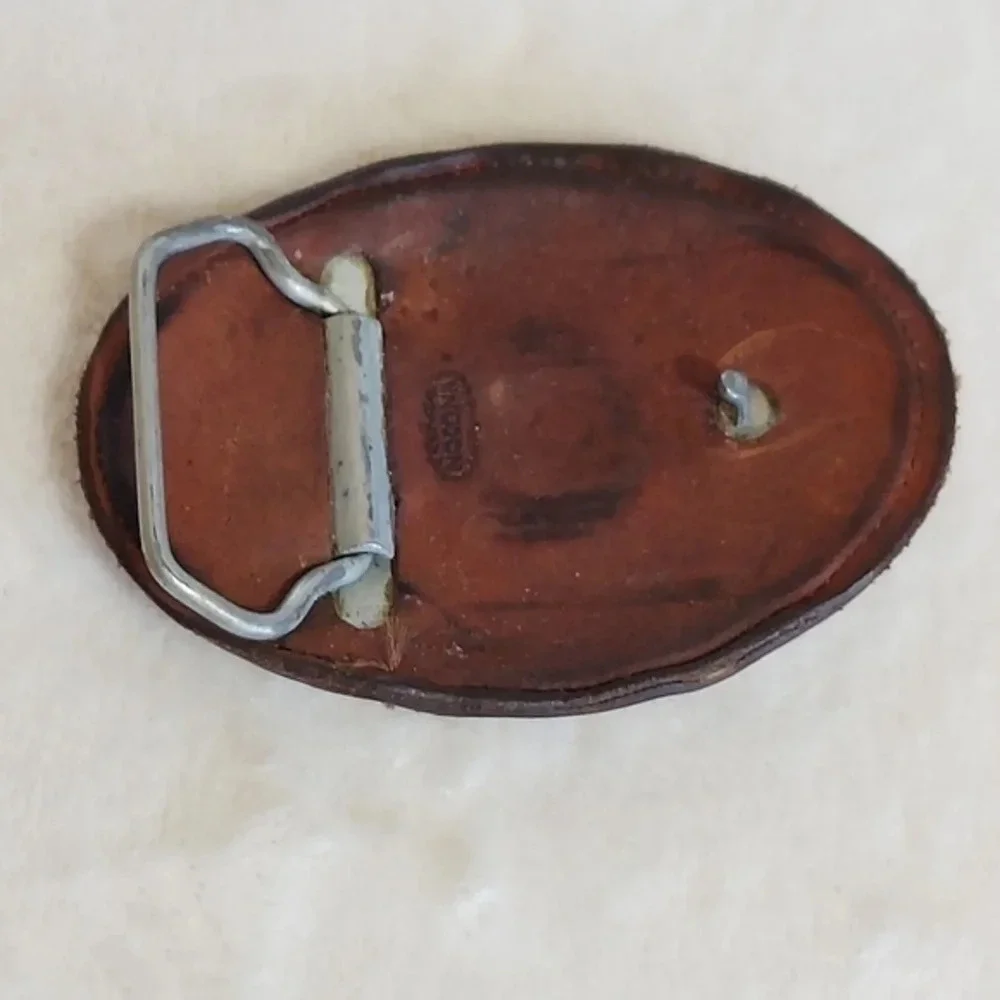 Vintage Nocona Brown Leather‎ Oval Belt Buckle with Embroidered Buck